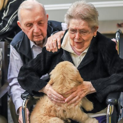 Residents engaging with a puppy in a cozy setting