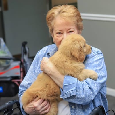 A senior resident cuddling a puppy indoors