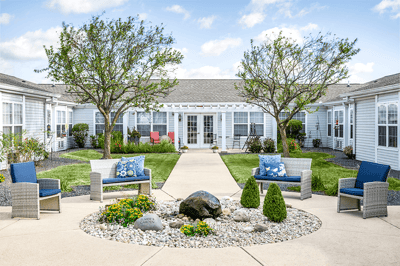 Beautiful outdoor courtyard with seating and gardens