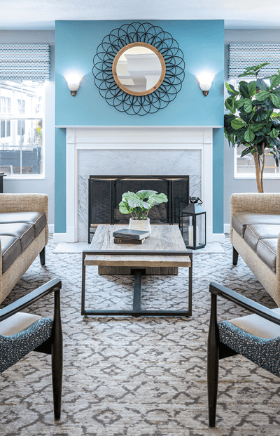 Cozy common area with modern furniture and decor