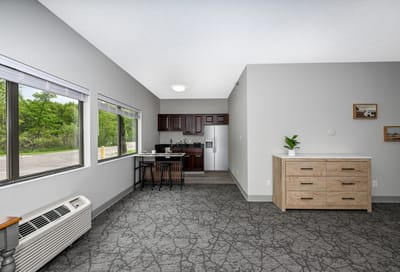 Bright interior of an apartment with kitchen amenities
