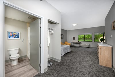 Interior view of a resident's room with modern furnishings