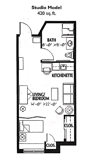 Architectural floor plan of a studio model apartment