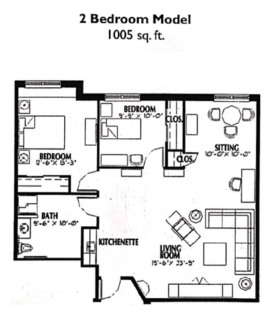 Architectural floor plan showing a two-bedroom model