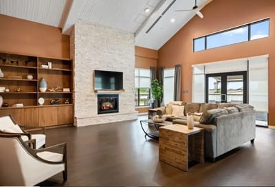 Bright and spacious common area with seating