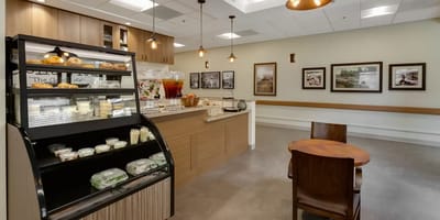 Interior view of a dining area with a snack display