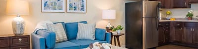 Cozy interior of a senior living unit with kitchen