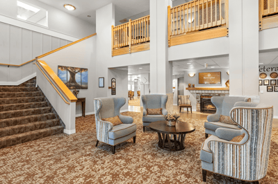 Bright common area with comfortable seating and decor