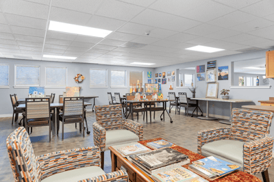 Bright and spacious common area with seating
