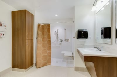 Modern bathroom with assistive features for seniors