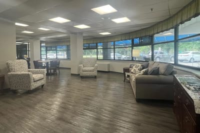 Bright interior common area with seating