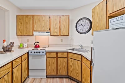 Bright kitchen area in an assisted living apartment