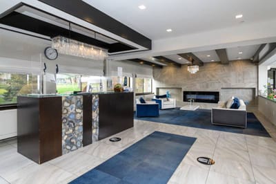 Modern lobby interior with stylish seating and decor