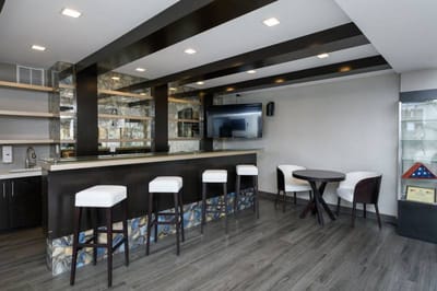 Modern interior of a common area with bar seating