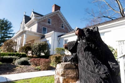 Exterior view of the facility with a wooden bear sculpture
