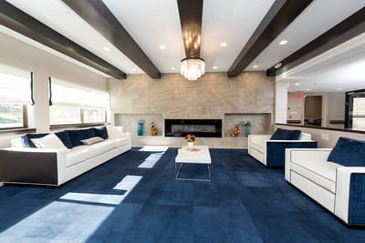 Bright interior common area with modern seating