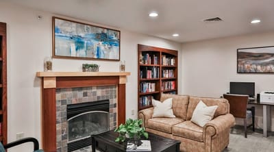 Cozy common area with a fireplace and bookshelves