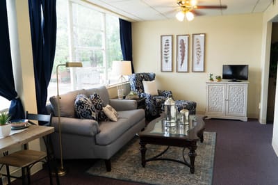 Bright interior living area with comfortable seating