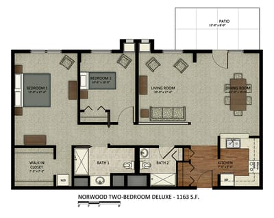 Floor plan of a two-bedroom deluxe apartment