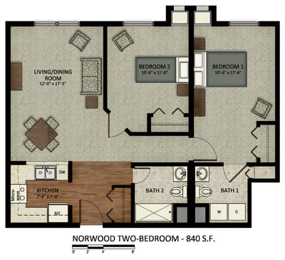 Floor plan of a two-bedroom apartment
