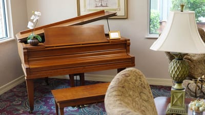 Piano in a cozy common area with decorative elements