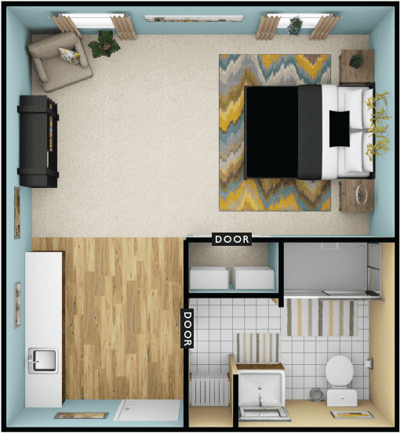 Top view of a private resident room layout