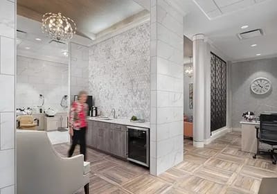 Staff member walking through a well-designed amenity space