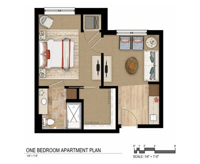 Floor plan of a one bedroom apartment