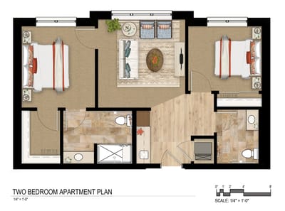 Architectural floor plan of a two-bedroom apartment