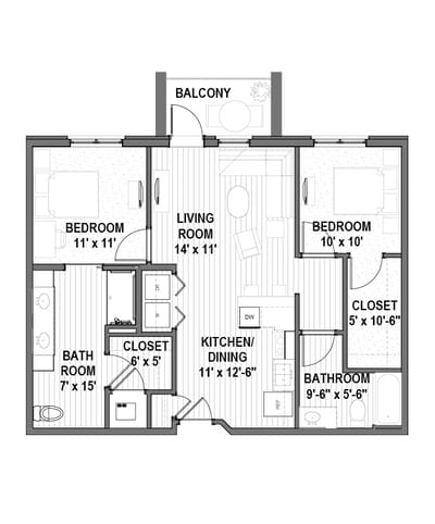 Architectural floor plan of a two-bedroom unit