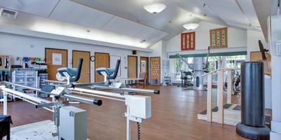 Interior view of a physical therapy gym with equipment