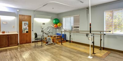 Therapy room with exercise equipment and therapy bars