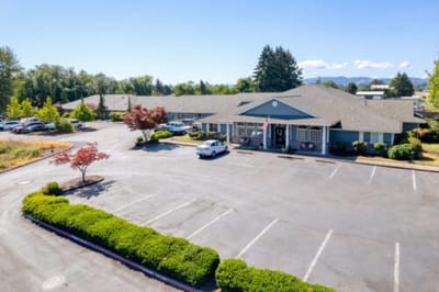 Aerial view of the Bridgecreek Memory Care building and grounds