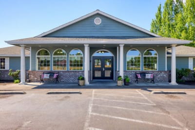 Exterior view of a senior care facility entrance