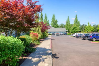 Landscape view of the facility's parking area and entrance