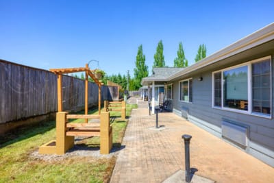 Outdoor space with seating and walking path