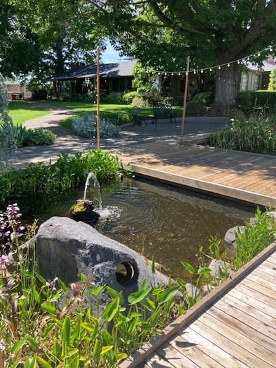 Serene outdoor space with a pond and fountain