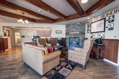 Cozy common area with comfortable seating and fireplace