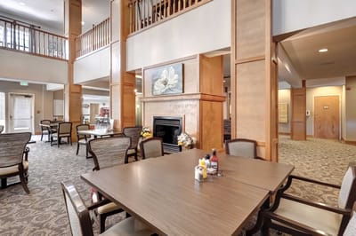 Bright common area with seating and decor