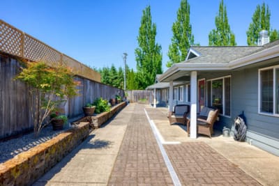 Outdoor pathway leading to the living spaces