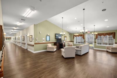 Bright common area with seating and artwork