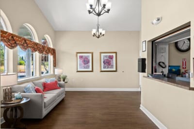 Interior view of a modern common area with seating