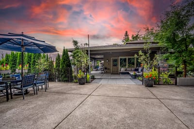 Outdoor patio area with furniture and greenery