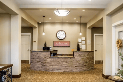 Bright lobby reception area with welcoming decor