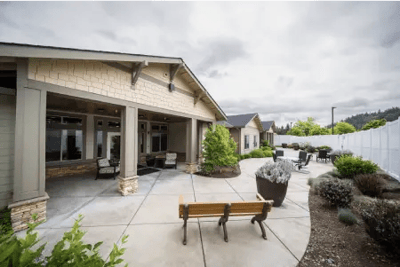 Exterior view of a senior living facility's outdoor space
