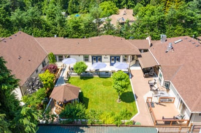 Aerial view of the outdoor courtyard with seating and greenery