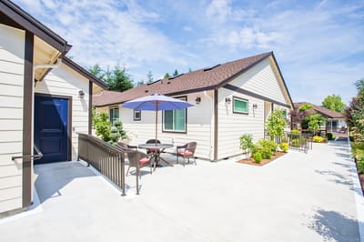 Outdoor seating area of a senior living facility