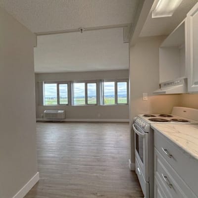 Interior view of a resident kitchen and living area