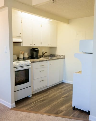 Interior view of a small kitchen area in a senior living unit