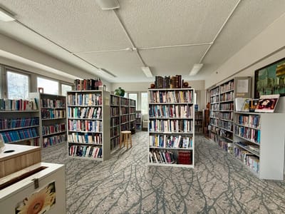 Interior view of a library area with bookshelves